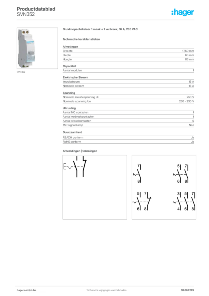 Afbeelding Hager Productdatablad SVN352 | Hager Belgium