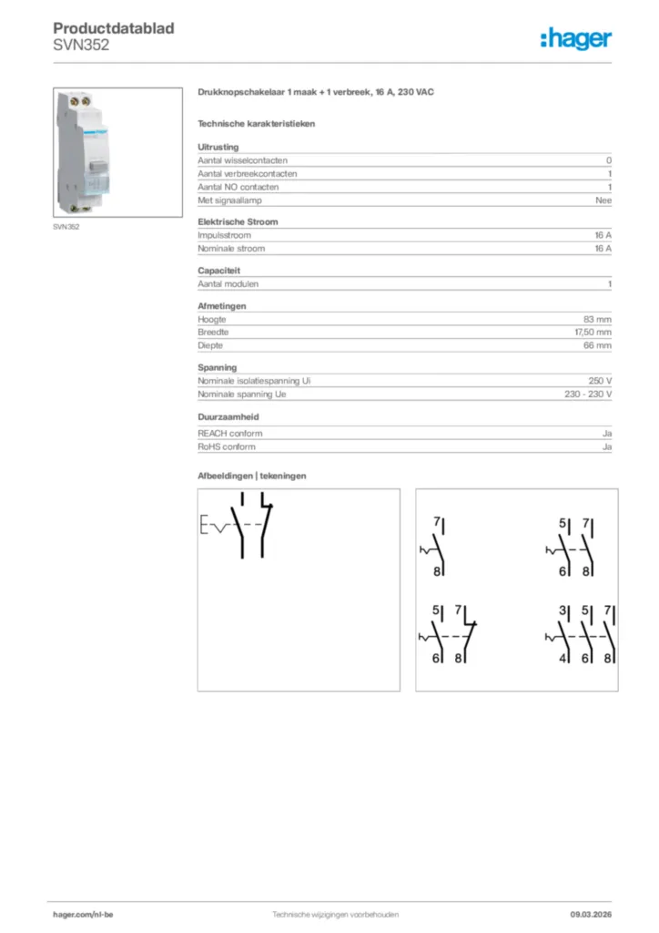 Afbeelding Hager Productdatablad SVN352 | Hager Belgium
