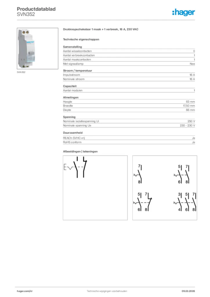 Afbeelding Hager Productdatablad SVN352 | Hager Nederland