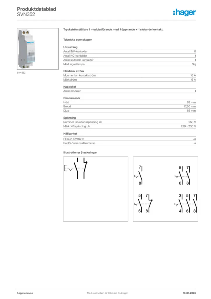 Bild Hager Produktdatablad SVN352 | Hager Sverige