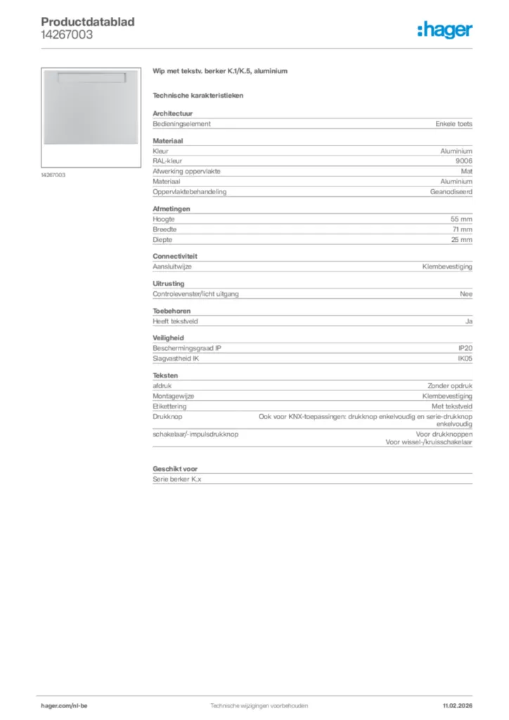 Afbeelding Hager Productdatablad 14267003 | Hager Belgium
