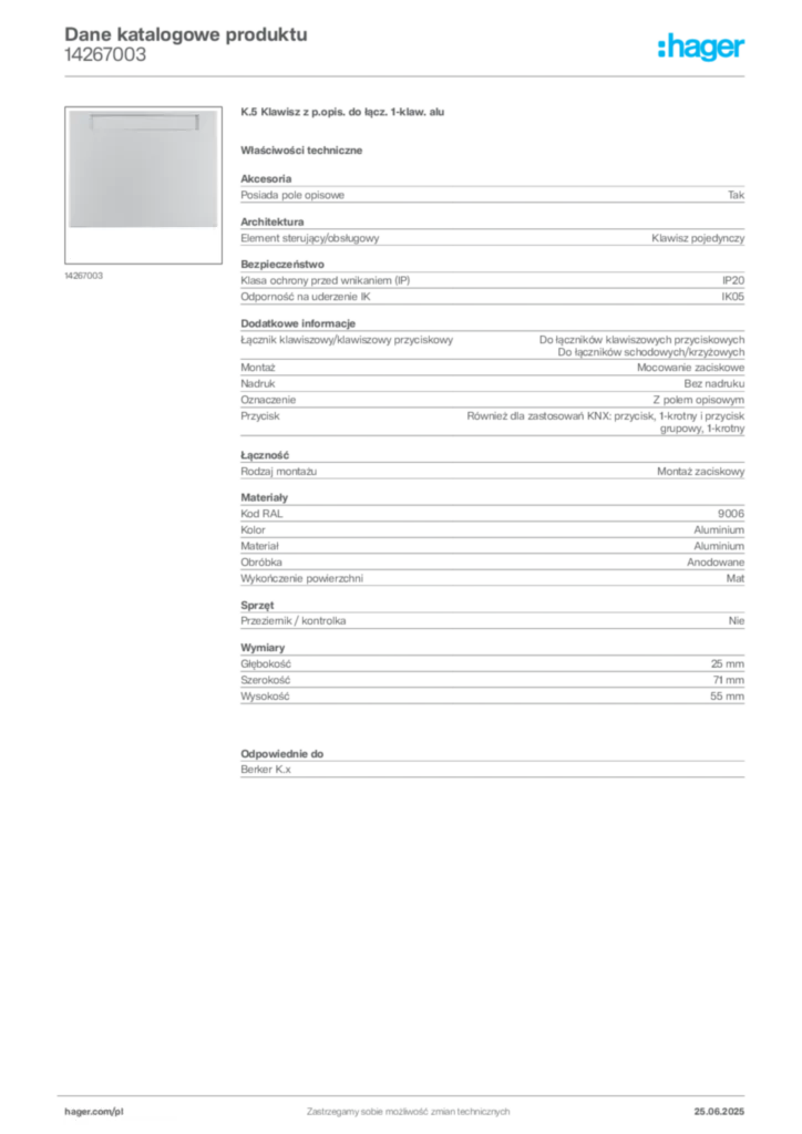Zdjęcie Hager Karta katalogowa 14267003 | Hager Polska