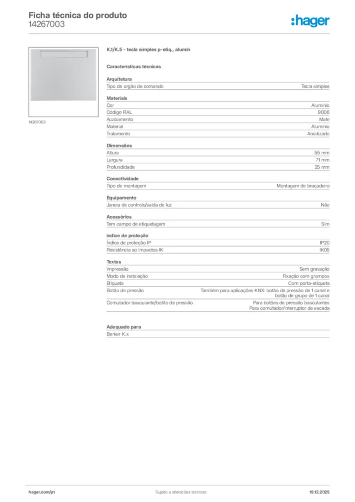 Imagem Hager Ficha técnica do produto 14267003 | Hager Portugal