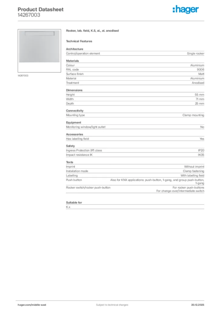 Image Hager Product data sheet 14267003  | Hager
