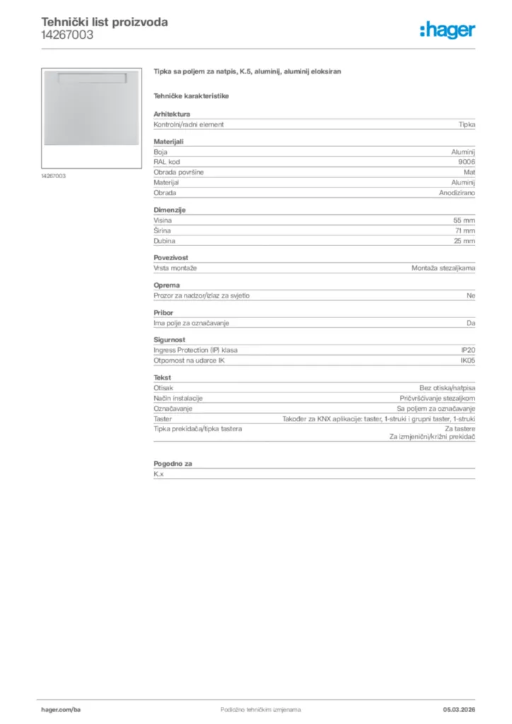 Slika Hager Tehnički list proizvoda 14267003  | Hager