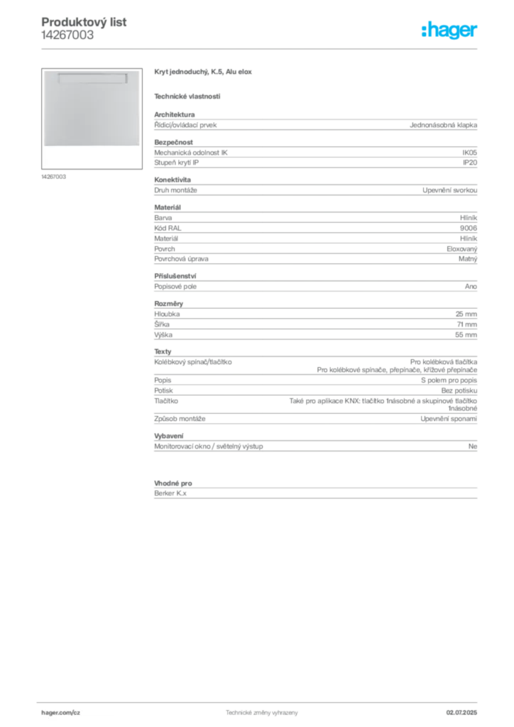 Obrázek Hager Produktový list 14267003 | Hager