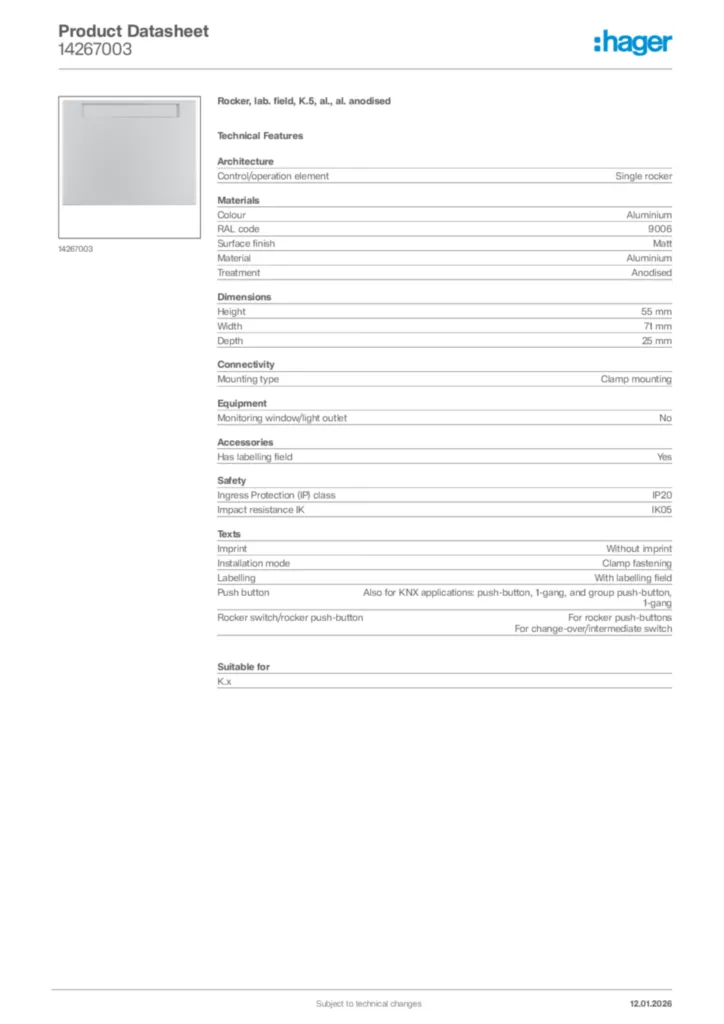 Image Hager Product data sheet 14267003  | Hager