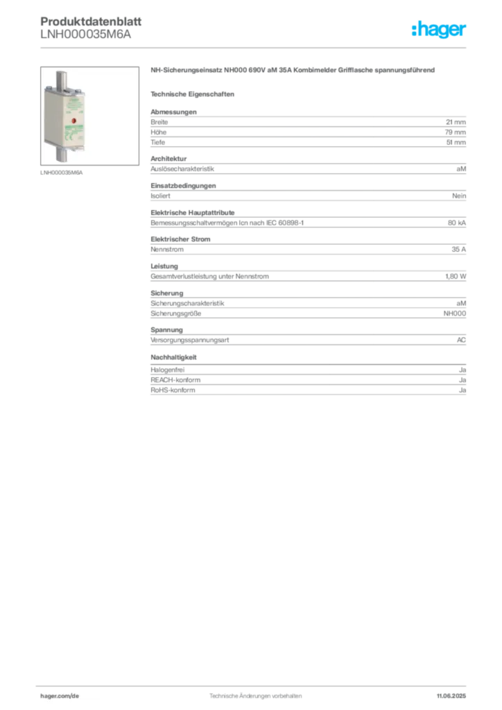 Hager Produktdatenblatt LNH000035M6A