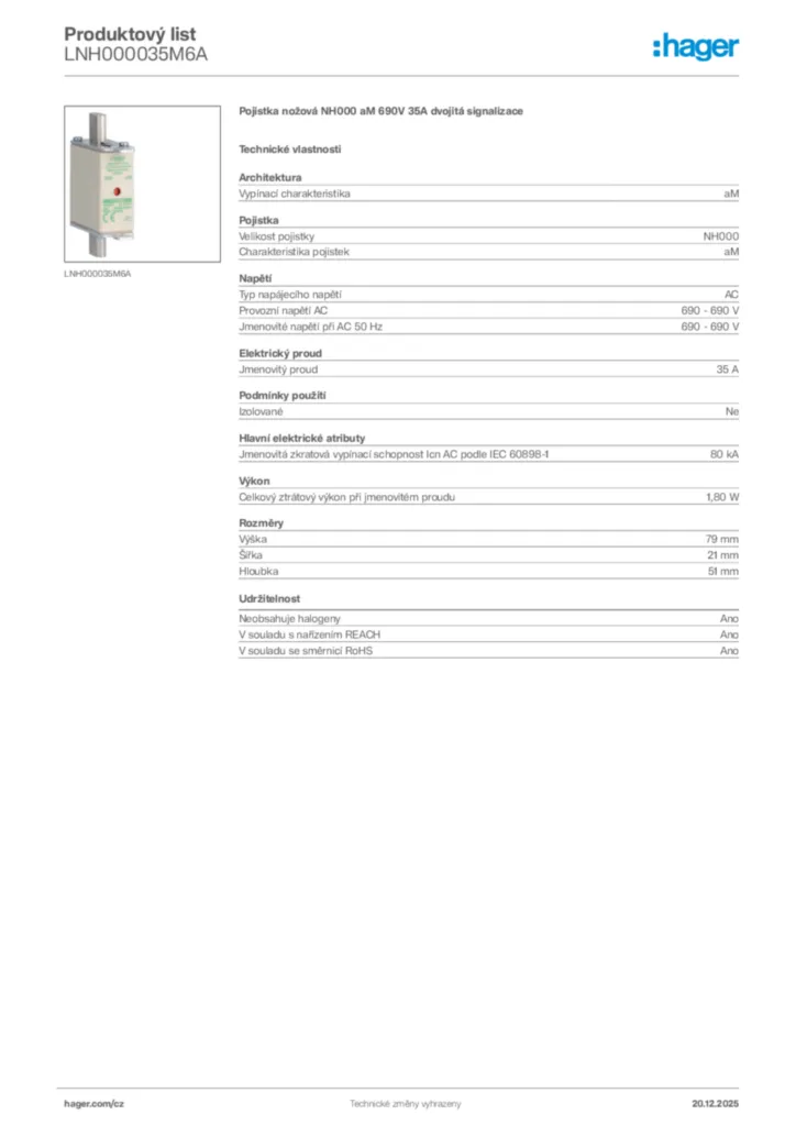 Obrázek Hager Produktový list LNH000035M6A | Hager