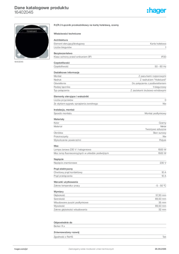 Zdjęcie Hager Karta katalogowa 16402045 | Hager Polska