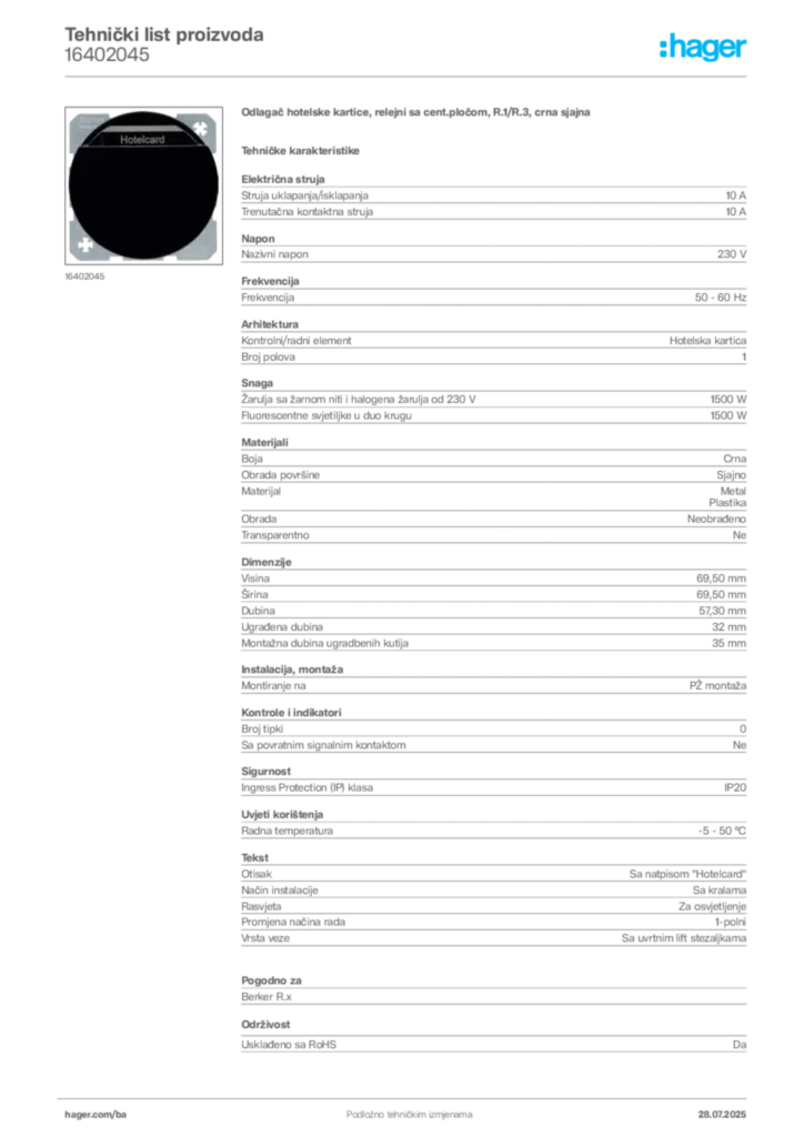 Slika Hager Product data sheet 16402045  | Hager