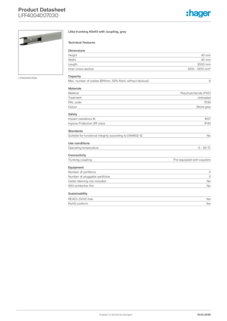 Image Hager Product data sheet LFF4004007030  | Hager Africa
