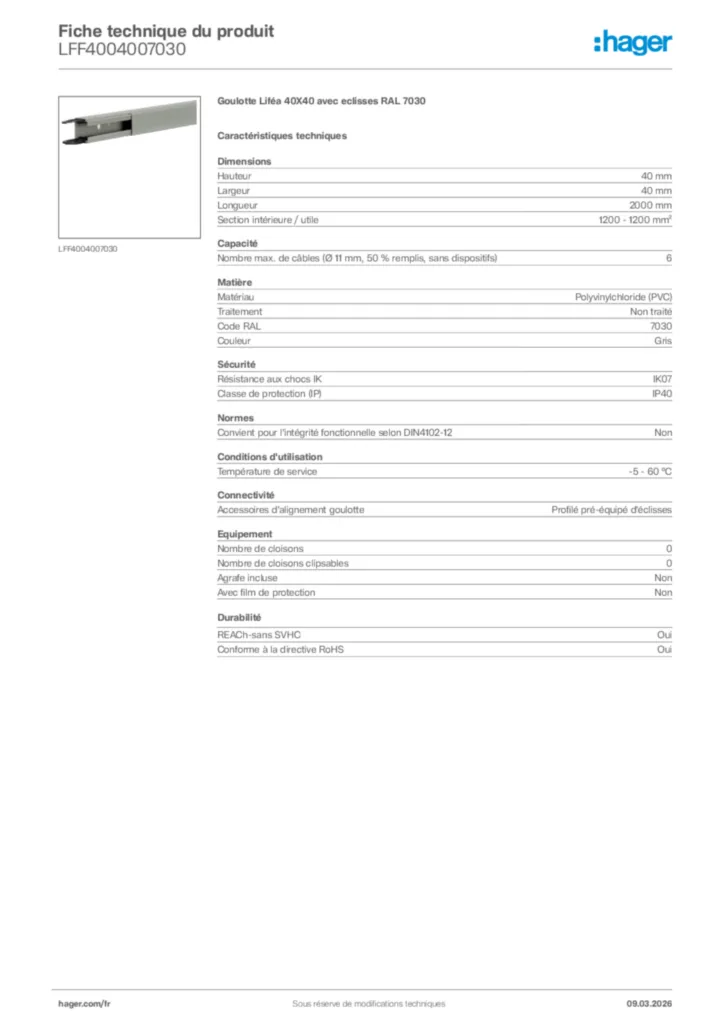 Image Hager Fiche technique du produit LFF4004007030 | Hager France