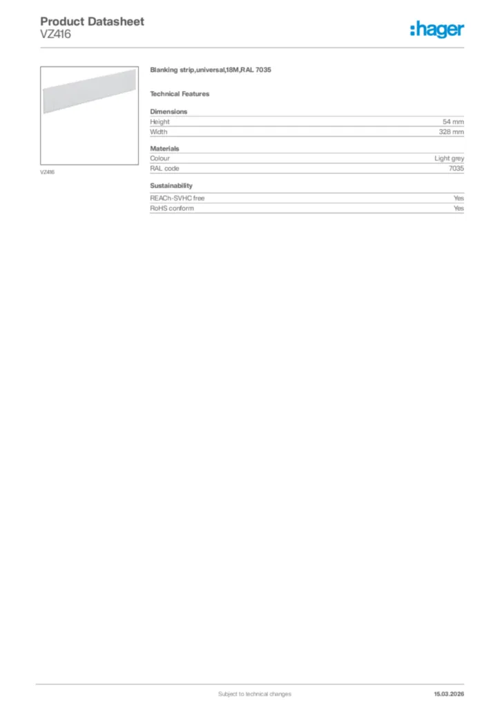 Image Hager Product data sheet VZ416  | Hager Africa