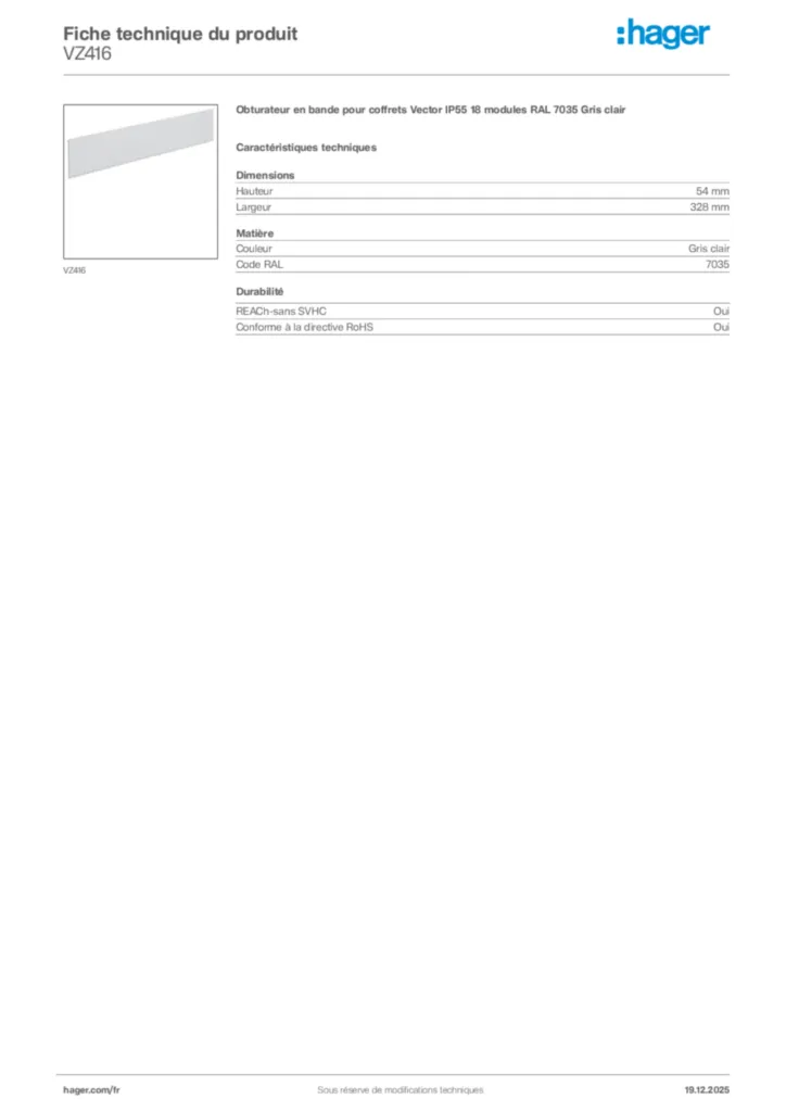 Image Hager Fiche technique du produit VZ416 | Hager France