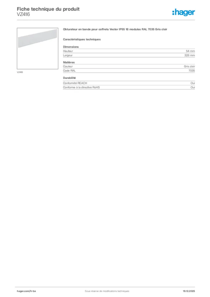 Image Hager Fiche technique du produit VZ416 | Hager Belgique