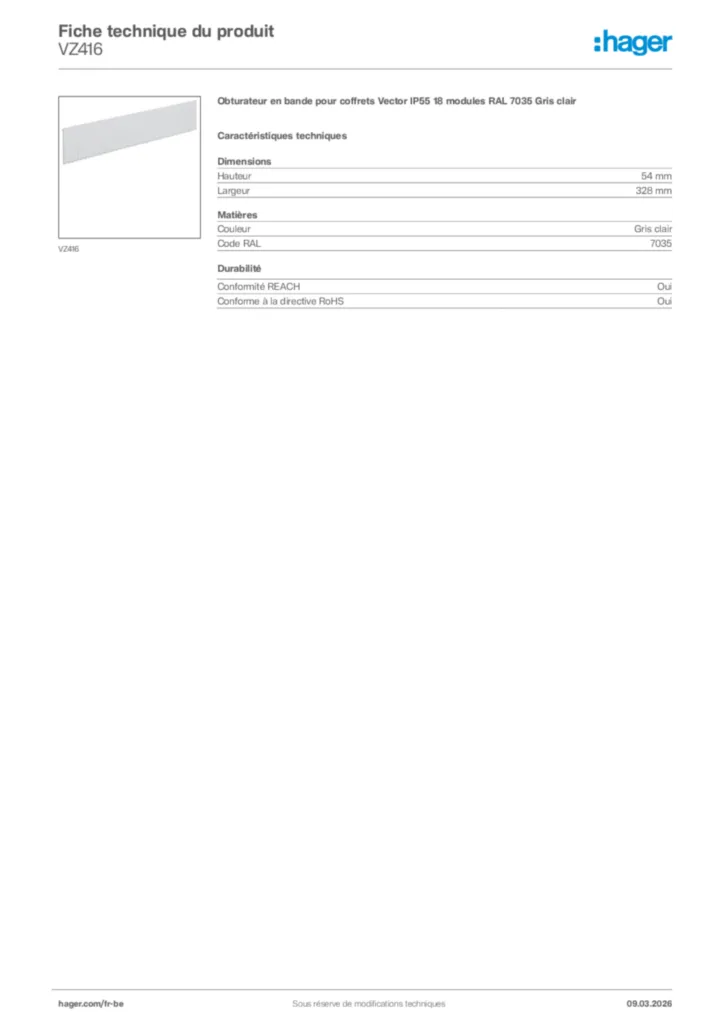 Image Hager Fiche technique du produit VZ416 | Hager Belgique