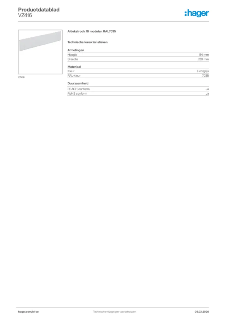 Afbeelding Hager Productdatablad VZ416 | Hager Belgium
