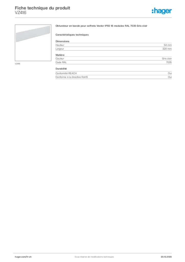Image Hager Fiche technique du produit VZ416 | Hager Suisse