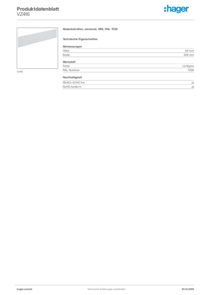 Bild Hager Produktdatenblatt VZ416 | Hager Deutschland