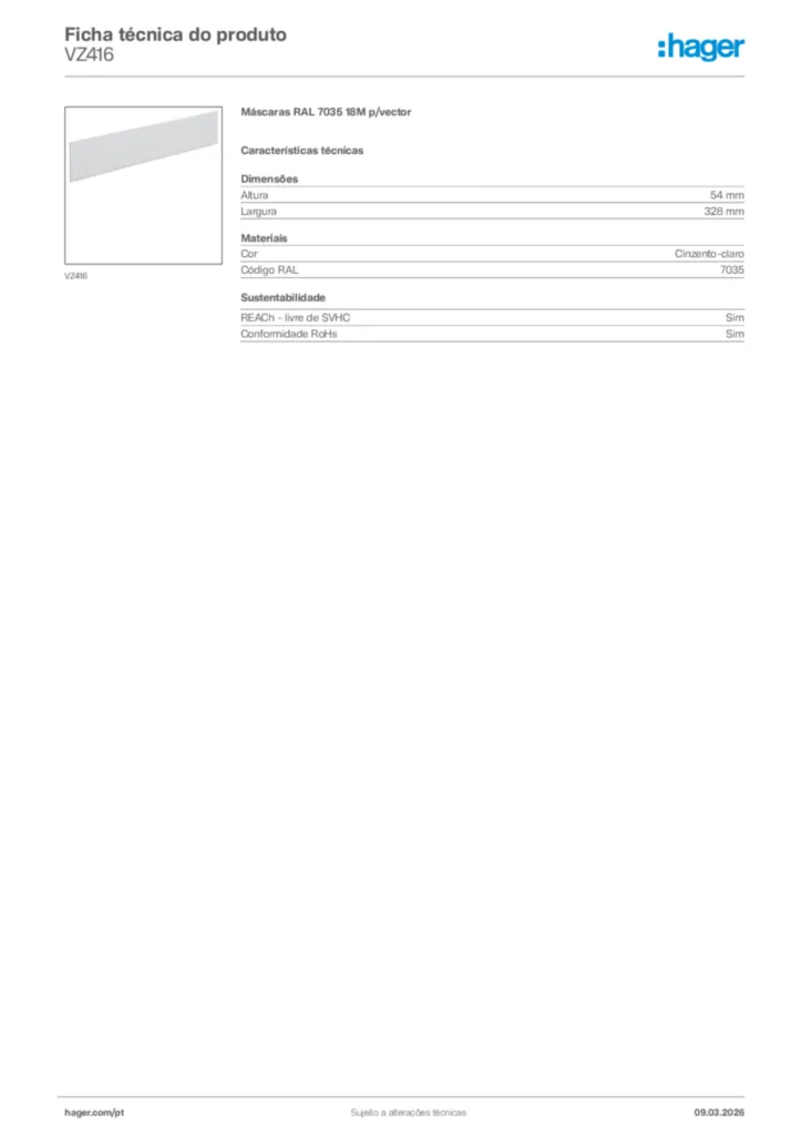 Imagem Hager Ficha técnica do produto VZ416 | Hager Portugal