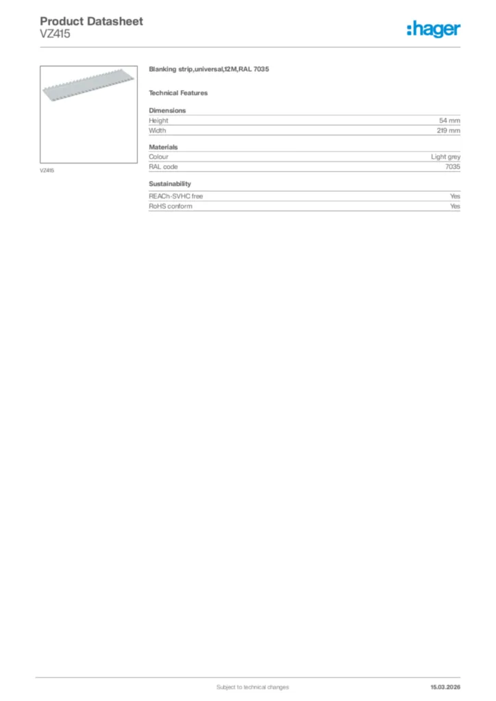 Image Hager Product data sheet VZ415  | Hager Africa