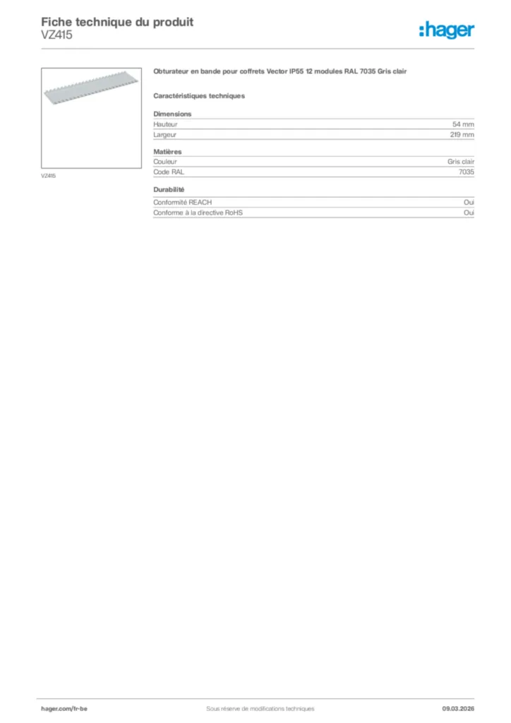 Image Hager Fiche technique du produit VZ415 | Hager Belgique