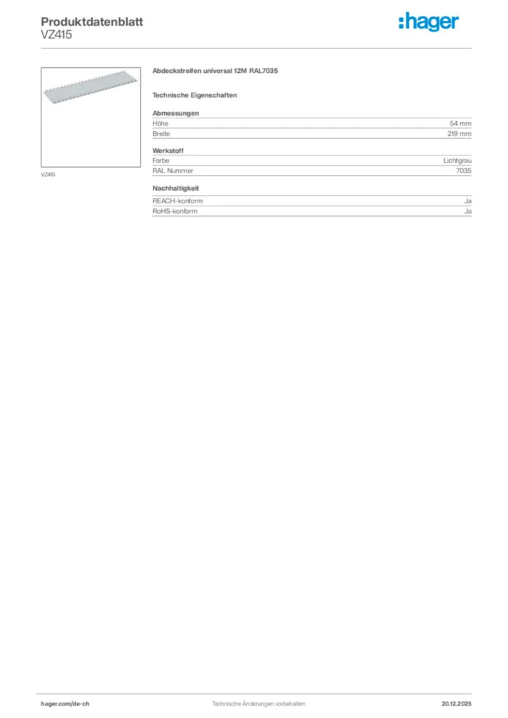 Bild Hager Produktdatenblatt VZ415 | Hager Schweiz