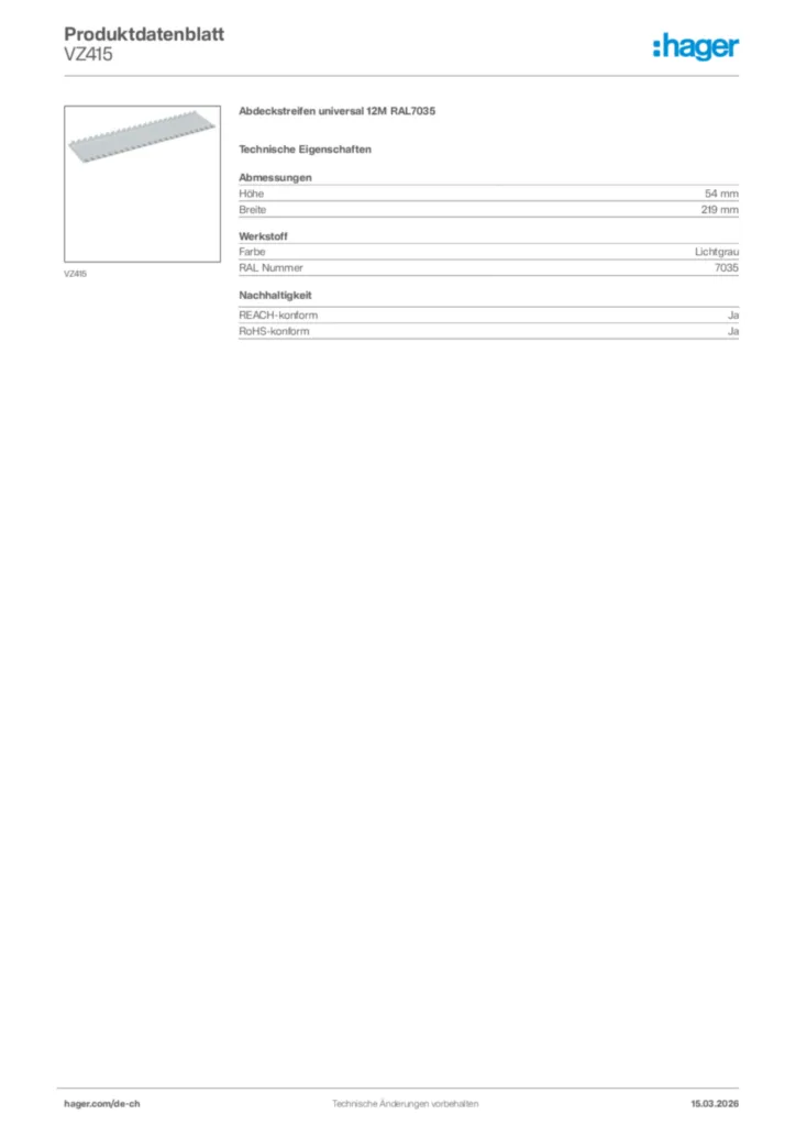 Bild Hager Produktdatenblatt VZ415 | Hager Schweiz