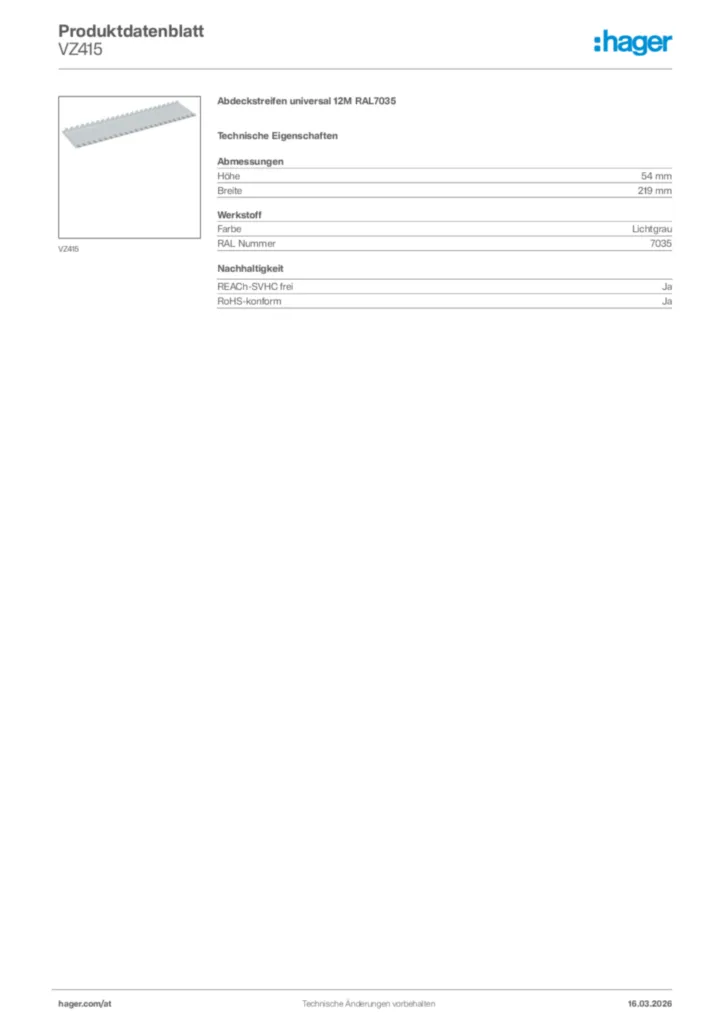 Bild Hager Produktdatenblatt VZ415 | Hager Deutschland