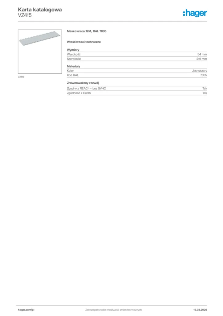 Zdjęcie Hager Karta katalogowa VZ415 | Hager Polska