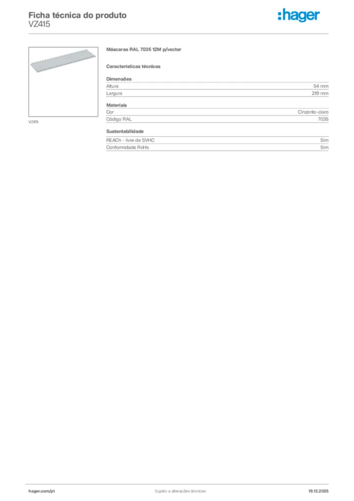 Imagem Hager Ficha técnica do produto VZ415 | Hager Portugal