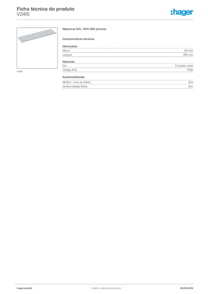 Imagem Hager Ficha técnica do produto VZ415 | Hager Portugal