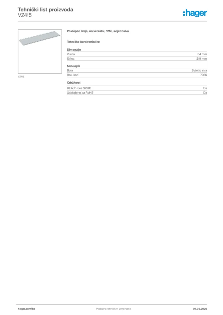 Slika Hager Tehnički list proizvoda VZ415  | Hager