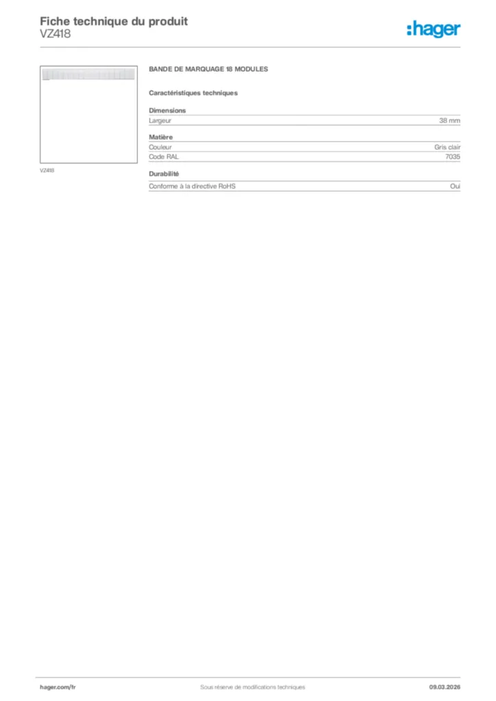 Image Hager Fiche technique du produit VZ418 | Hager France
