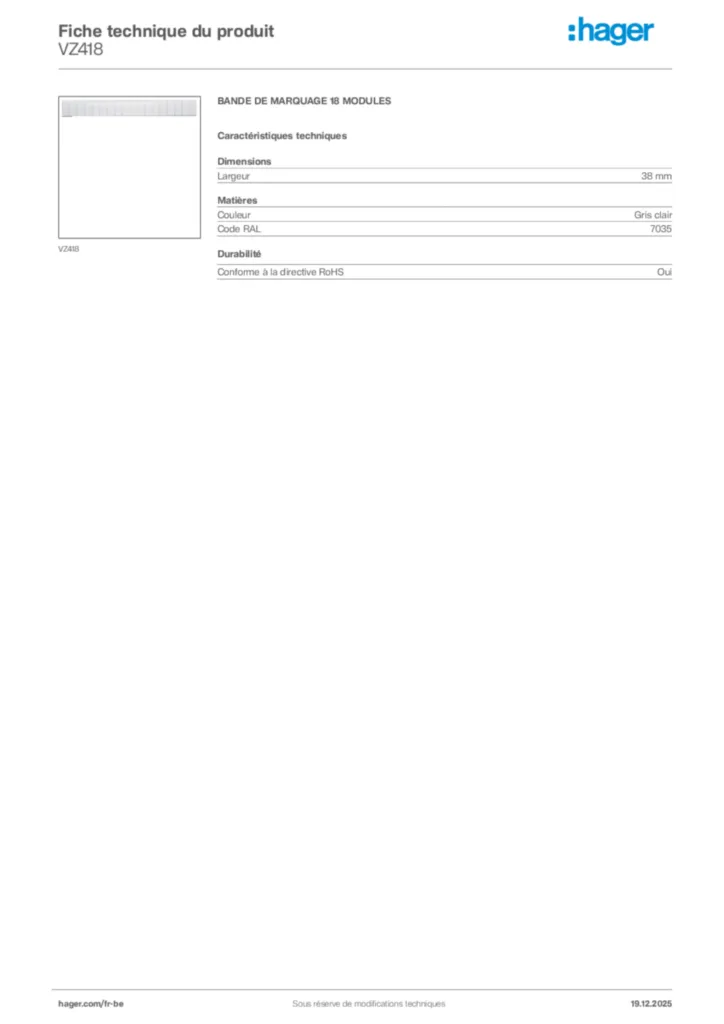 Image Hager Fiche technique du produit VZ418 | Hager Belgique
