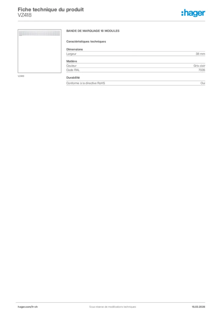 Image Hager Fiche technique du produit VZ418 | Hager Suisse