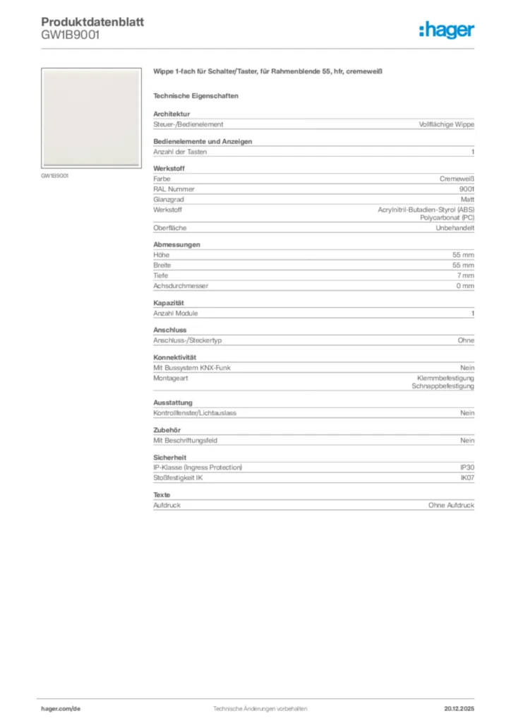 Bild Hager Produktdatenblatt GW1B9001 | Hager Deutschland