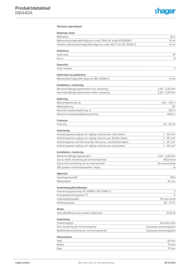 Bild Hager Produktdatablad NB440A | Hager Sverige