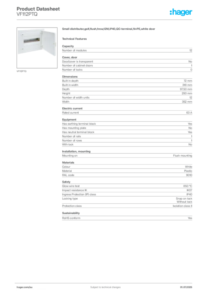 Image Hager Product data sheet VF112PTQ  | Hager Australia