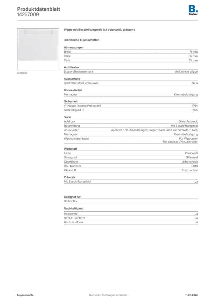 Bild Berker Produktdatenblatt 14267009 | Hager Deutschland