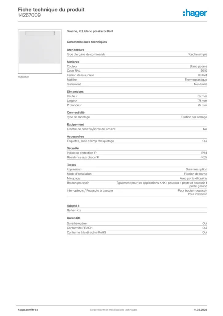 Image Hager Fiche technique du produit 14267009 | Hager Belgique