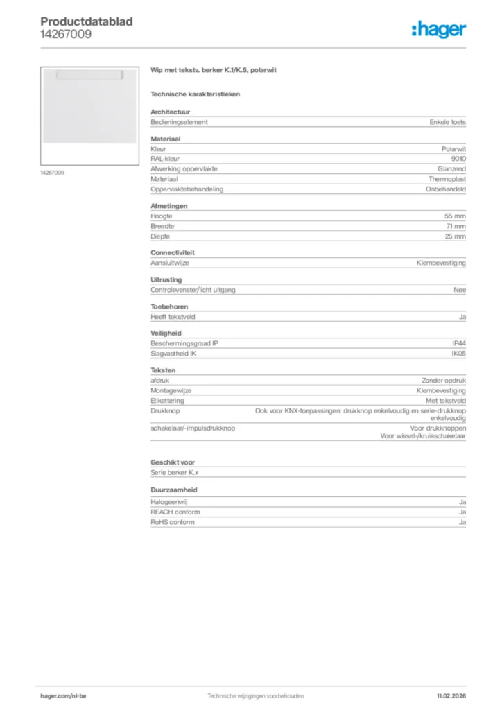 Afbeelding Hager Productdatablad 14267009 | Hager Belgium