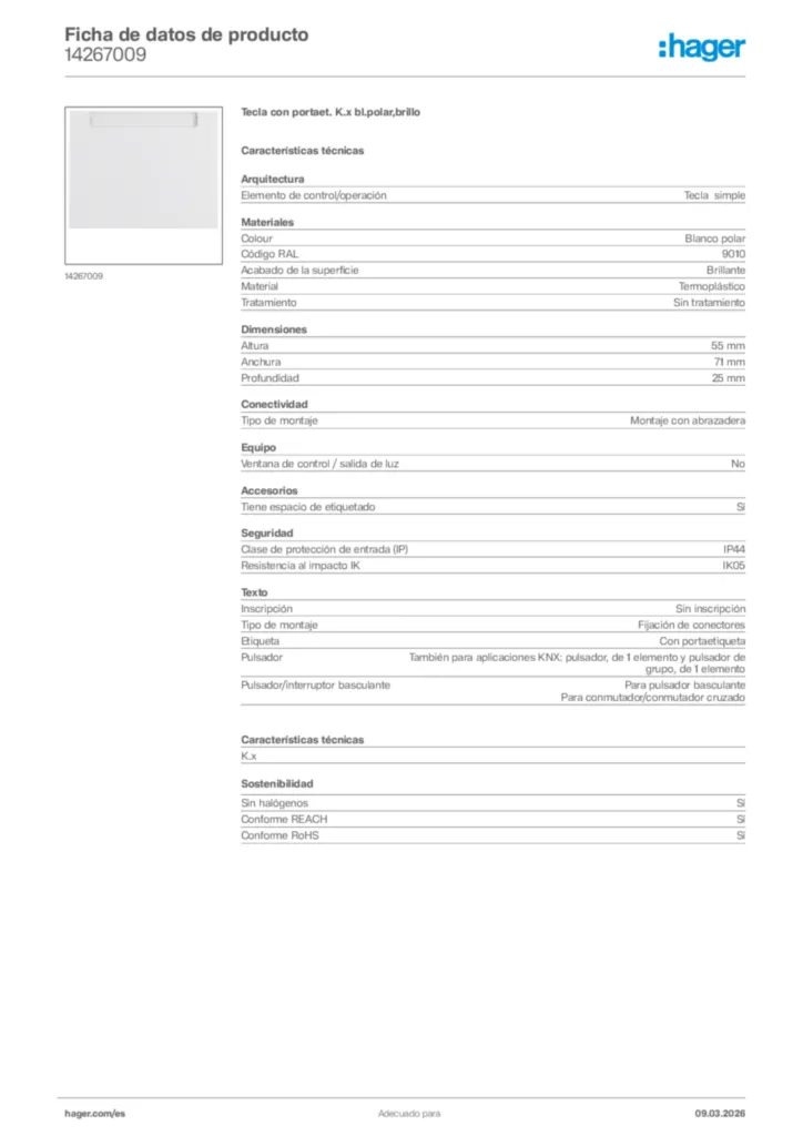 Imagen Hager Ficha de datos de producto 14267009 | Hager España