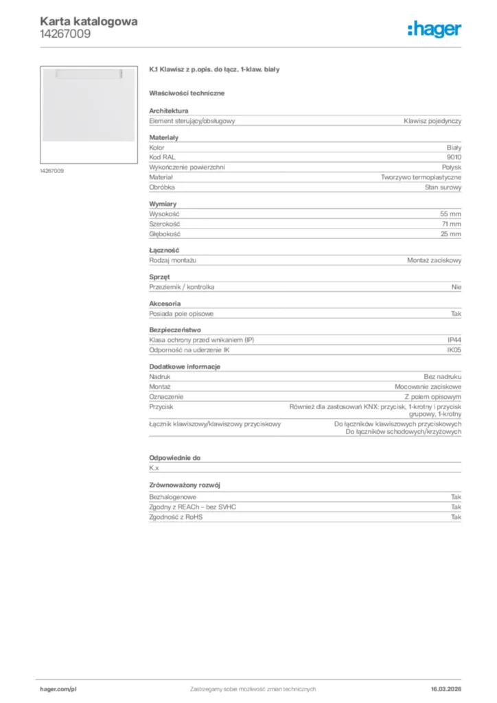 Zdjęcie Hager Karta katalogowa 14267009 | Hager Polska