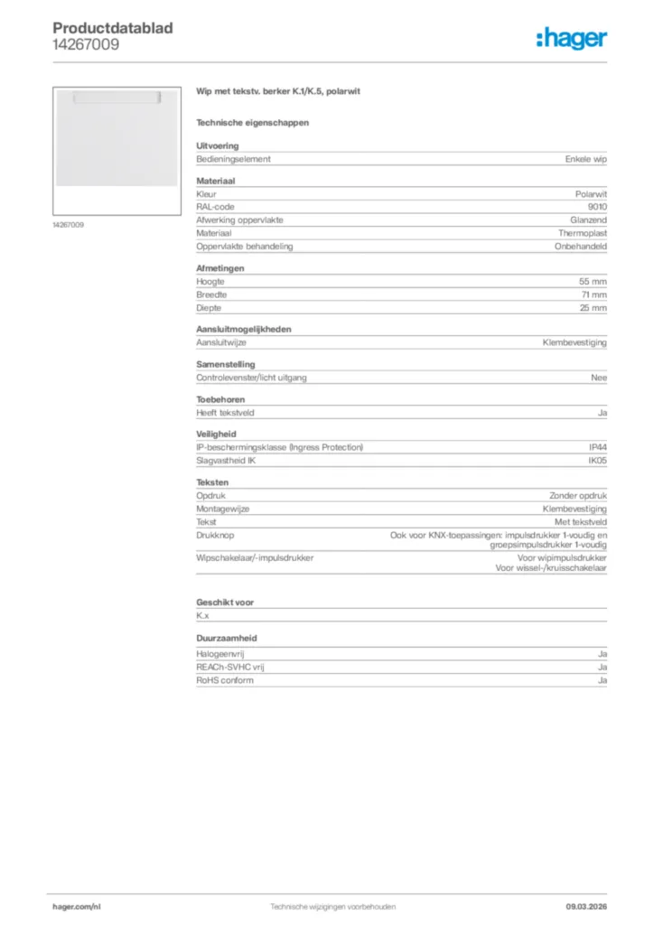 Afbeelding Hager Productdatablad 14267009 | Hager Nederland