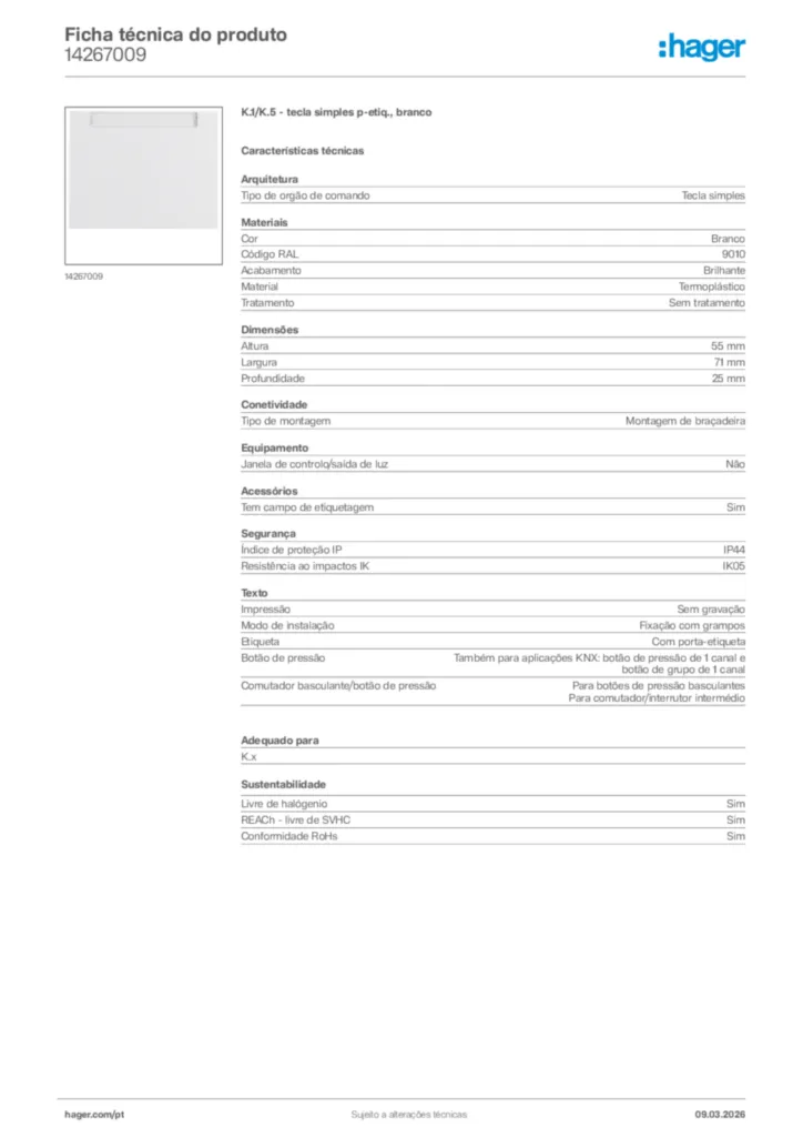 Imagem Hager Ficha técnica do produto 14267009 | Hager Portugal