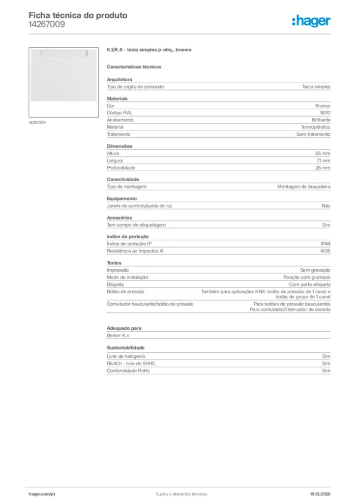 Imagem Hager Ficha técnica do produto 14267009 | Hager Portugal