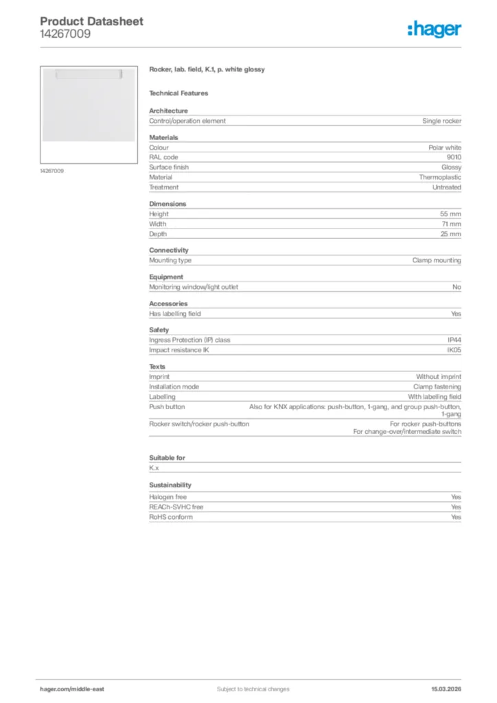Image Hager Product data sheet 14267009  | Hager