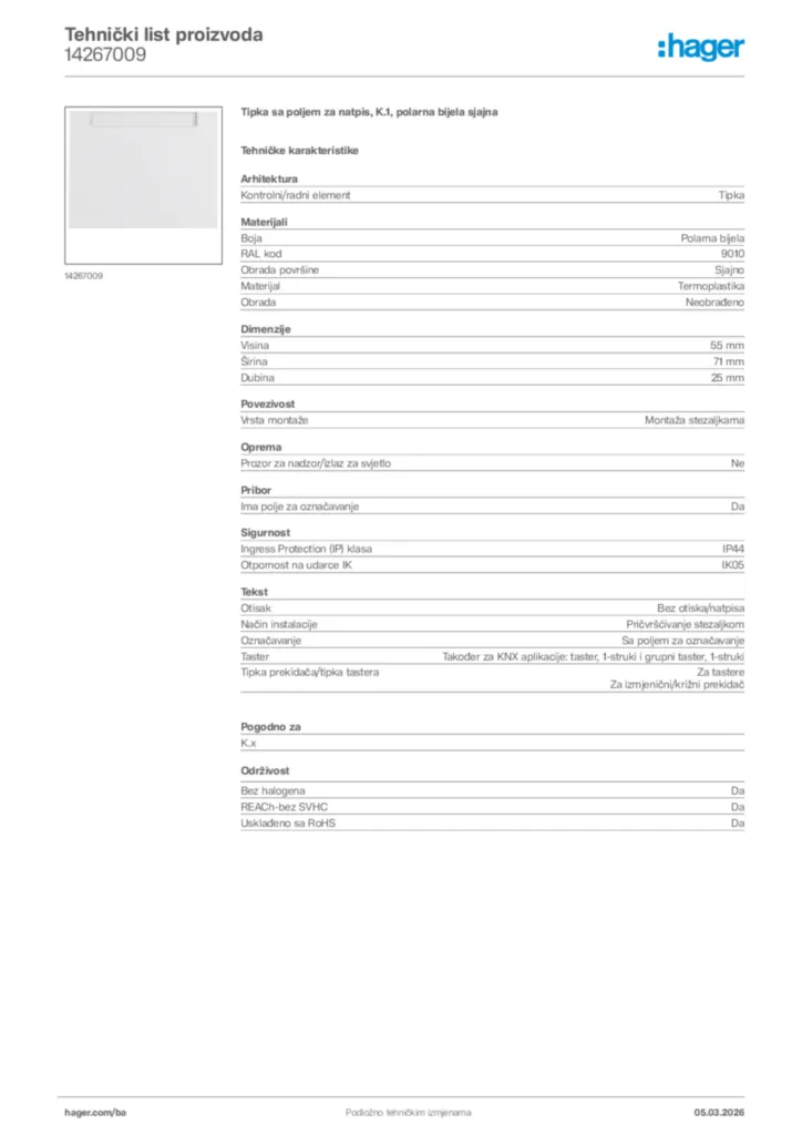 Slika Hager Tehnički list proizvoda 14267009  | Hager